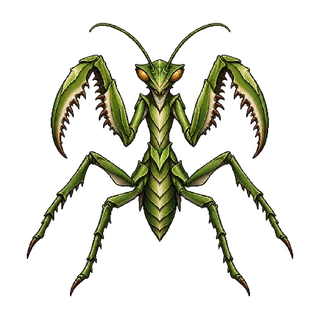 2本の鎌腕、4本の歩脚と2本の触角を持つ大カマキリの敵キャラ立ち絵イラスト（王道ファンタジー）