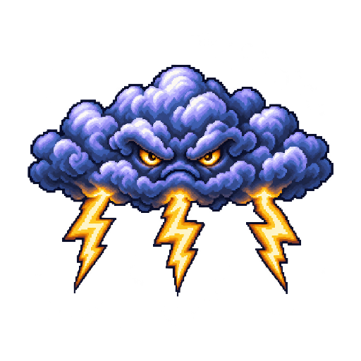 3本の稲妻が雲本体から伸びる雷雲の敵キャラ立ち絵イラスト(王道ファンタジー)