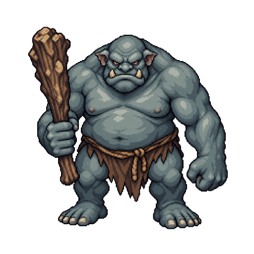 棍棒を持つ灰青のトロールの敵キャラ立ち絵イラスト(王道ファンタジー)